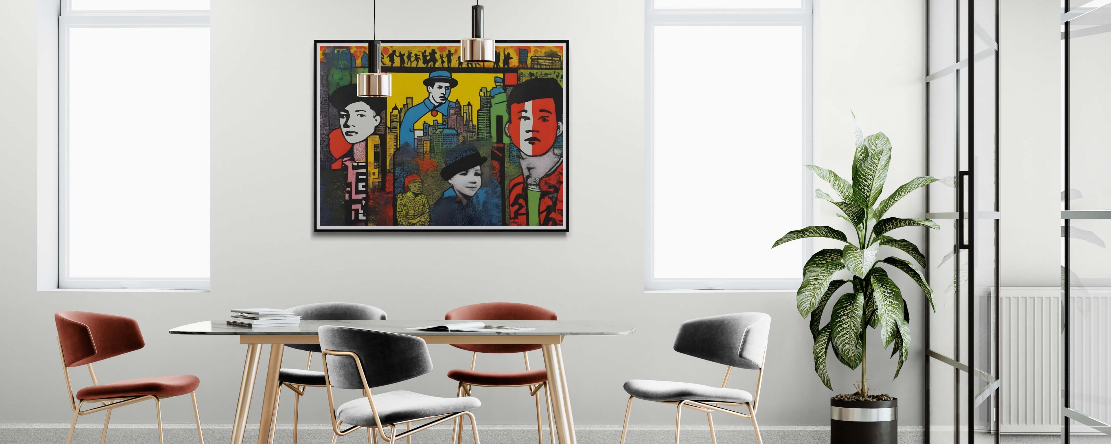 Modern dining area with chairs and a table, featuring vibrant pop art wall art with colorful portraits and a large green plant.