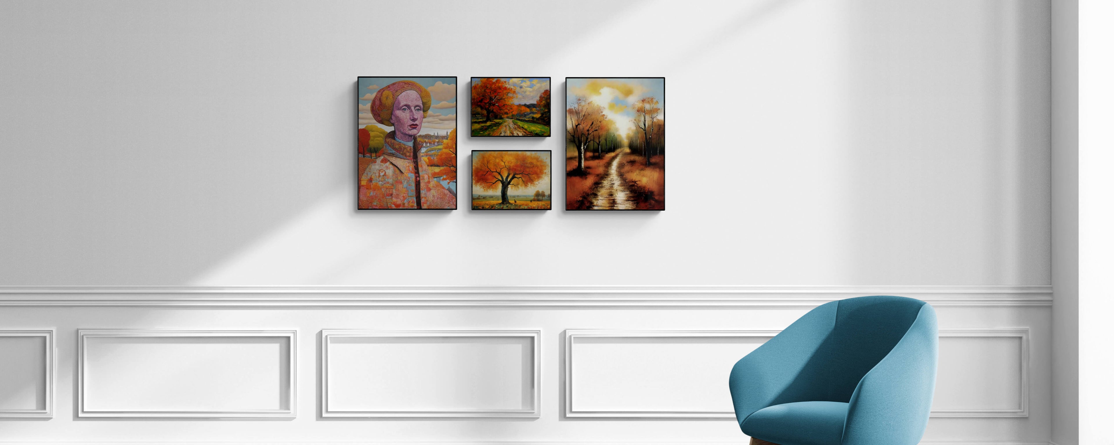 Modern living room with a blue accent chair and a set of four framed fall-themed artworks, adding warmth and style to the white wall.