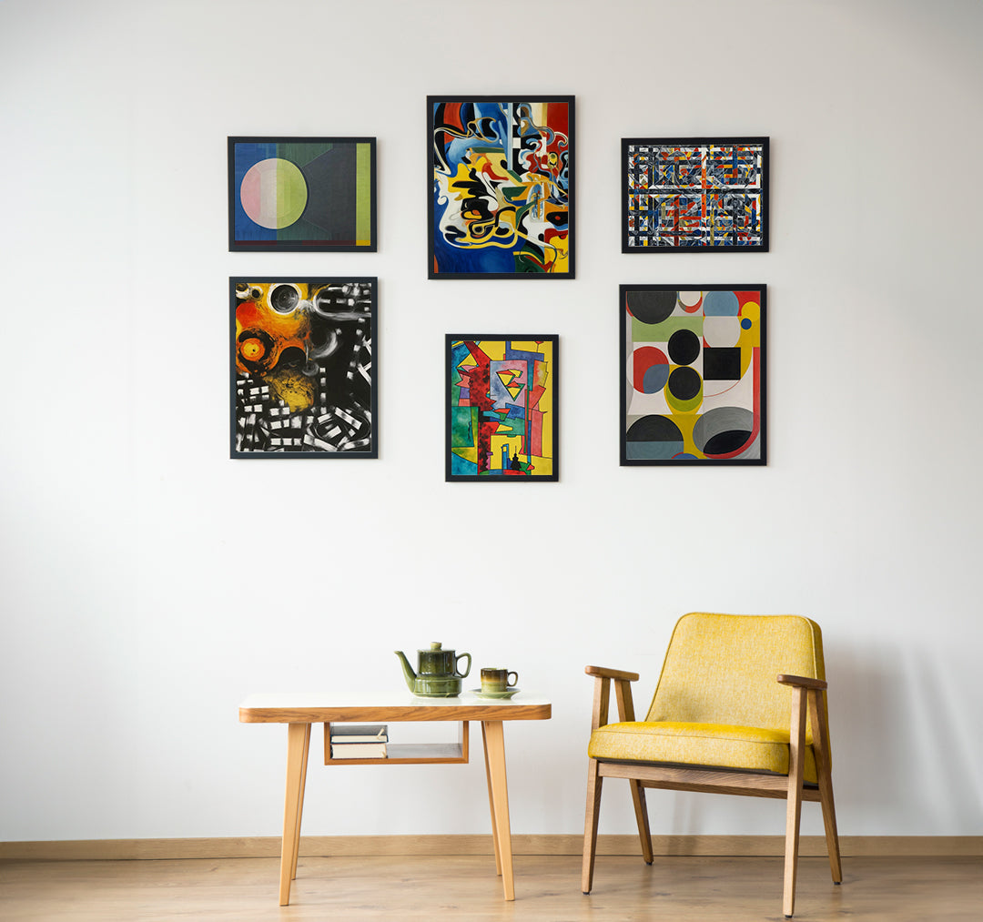 Modern living room featuring a yellow accent chair, a wooden table with a teapot, and a gallery wall of six vibrant abstract artworks in various geometric styles.