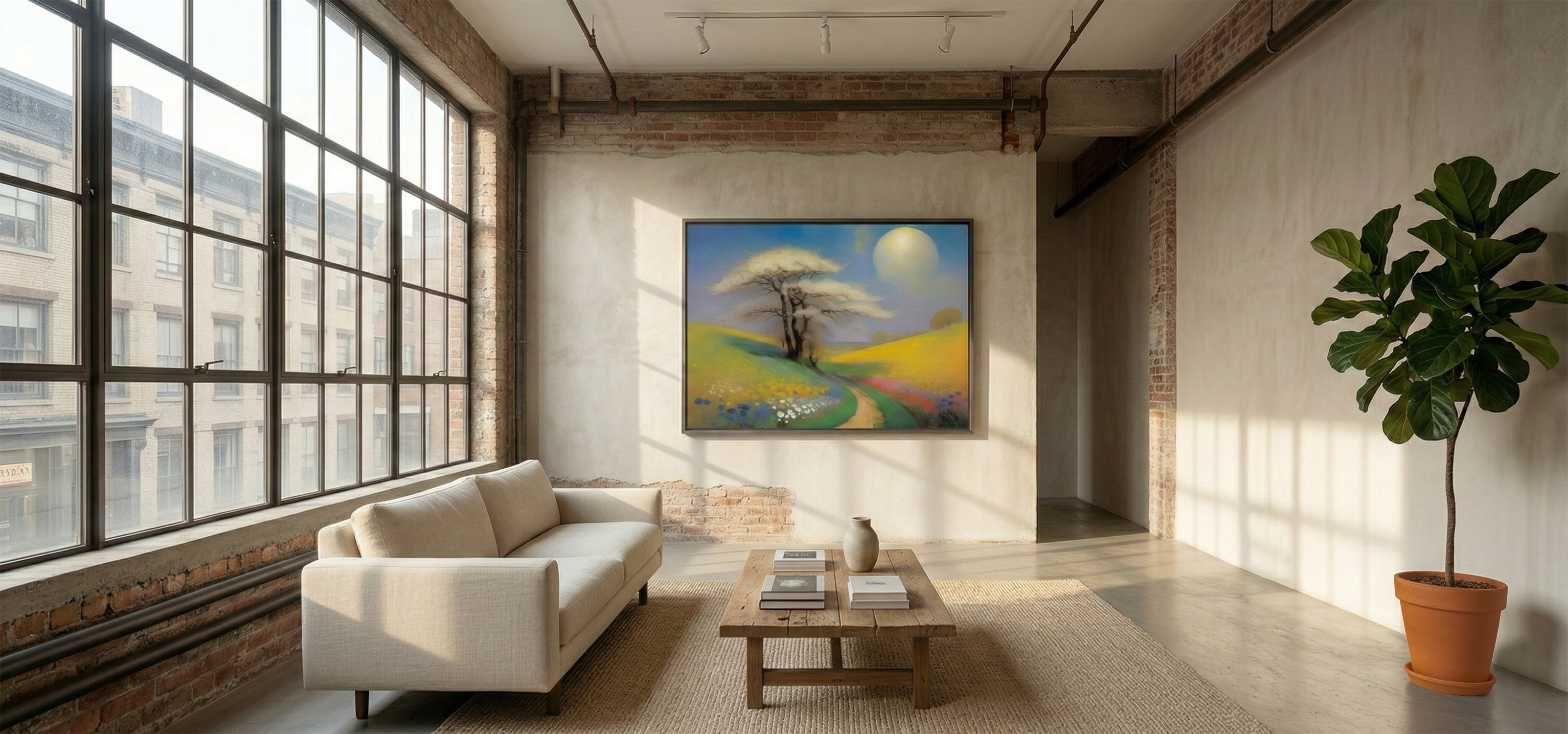 Loft living room with a couch, coffee table, and large window.