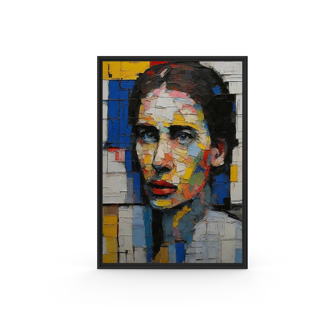 Abstract mosaic-style portrait of a woman's face with a mix of vibrant and muted colors, displayed as a framed art piece.