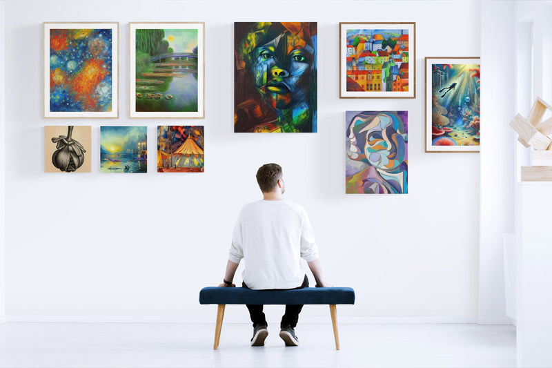 A small gallery wall displaying diverse wall art with a man sitting on a bench, observing various colorful paintings and illustrations.