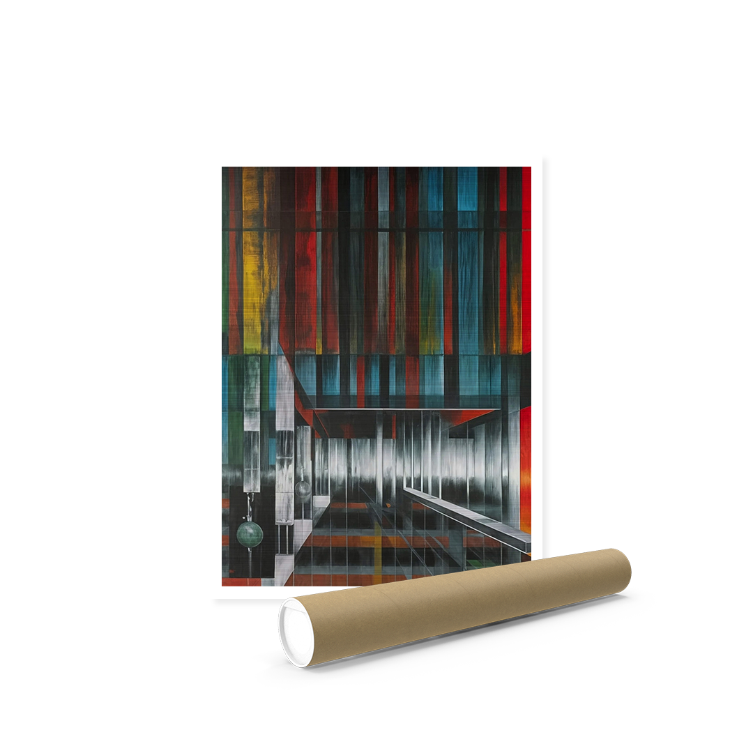 Museum-quality print of abstract geometric lobby wall art in bold colors, rolled and ready for framing, perfect for contemporary office spaces.