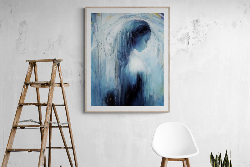 A newly renovated room with a wooden ladder, a white chair, a potted plant, and a framed painting of a serene blue figure on the wall.