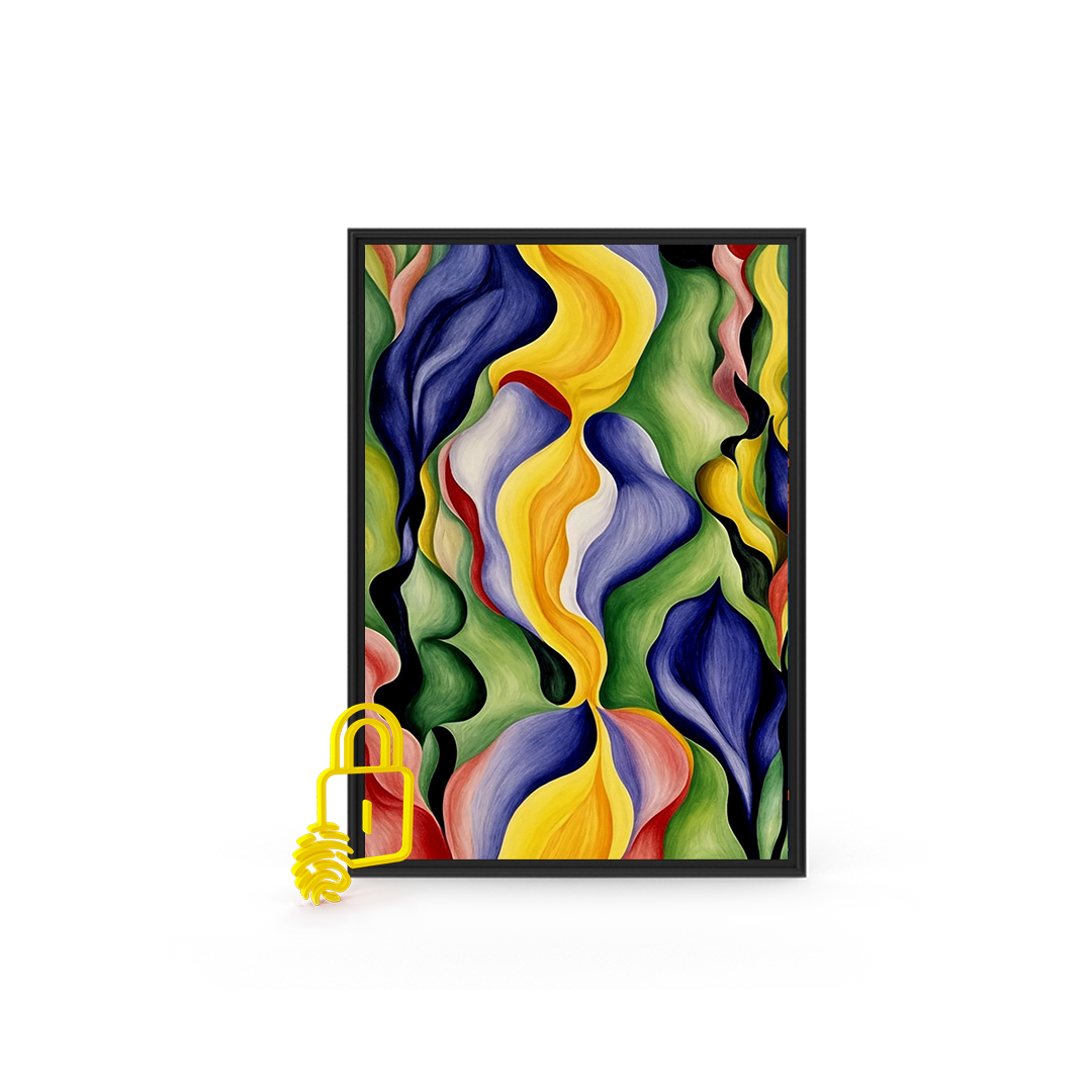 Colorful abstract art in a black frame with a yellow padlock icon overlay, symbolizing the uniqueness and exclusivity of this one-of-a-kind poster.