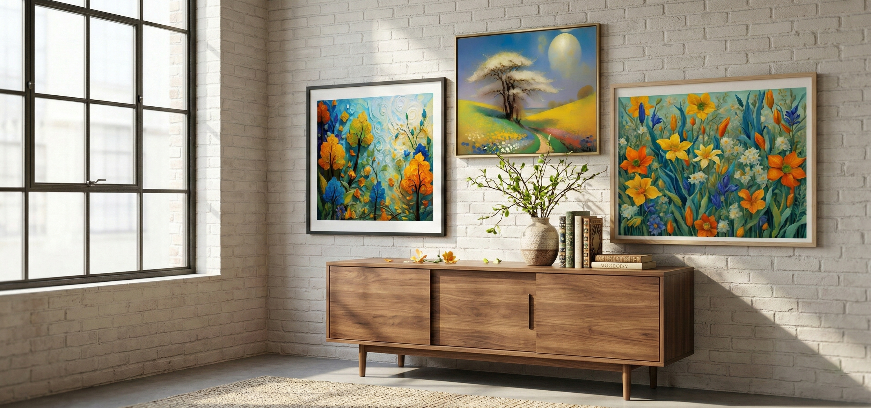 Three framed seasonal wall art pieces featuring colorful spring landscapes and flowers on a white brick wall.