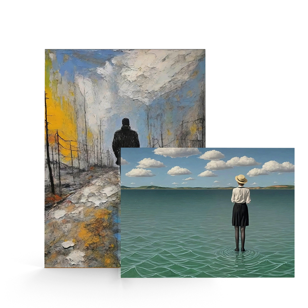 Two serene landscape art prints: a lone figure in a misty forest and a woman standing in a calm lake under a cloudy sky, both displayed on canvas.