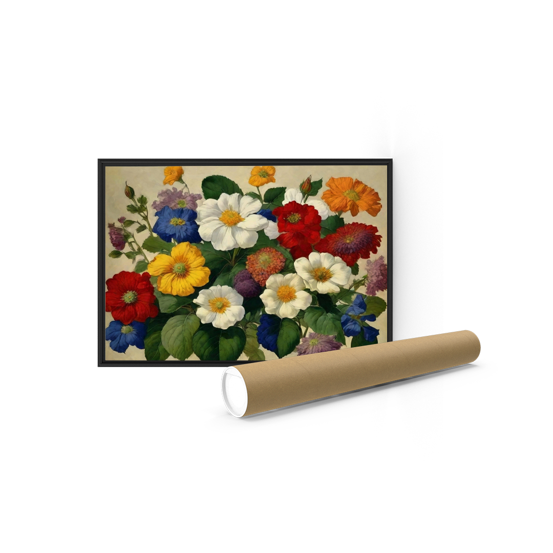 Framed floral painting showcasing a bouquet of vibrant, multi-colored flowers including white, red, yellow, and blue blooms, with a rolled art print below.