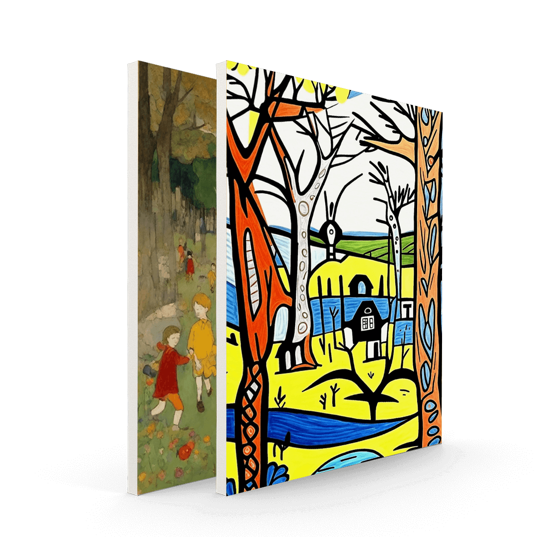 Set of two children's art prints with colorful forest scenes, featuring playful illustrations of trees, a house, and children exploring nature.