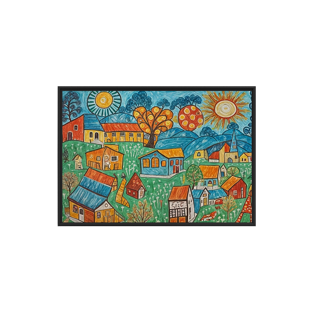 Colorful village scene art print featuring whimsical houses, trees, and bright suns, creating a playful and vibrant landscape.