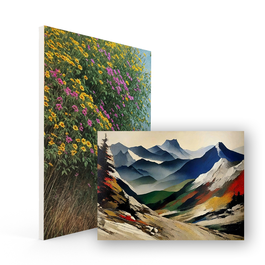 Two nature-themed artworks featuring a vibrant wildflower field and a stunning mountain landscape, displayed against a transparent background for showcasing.