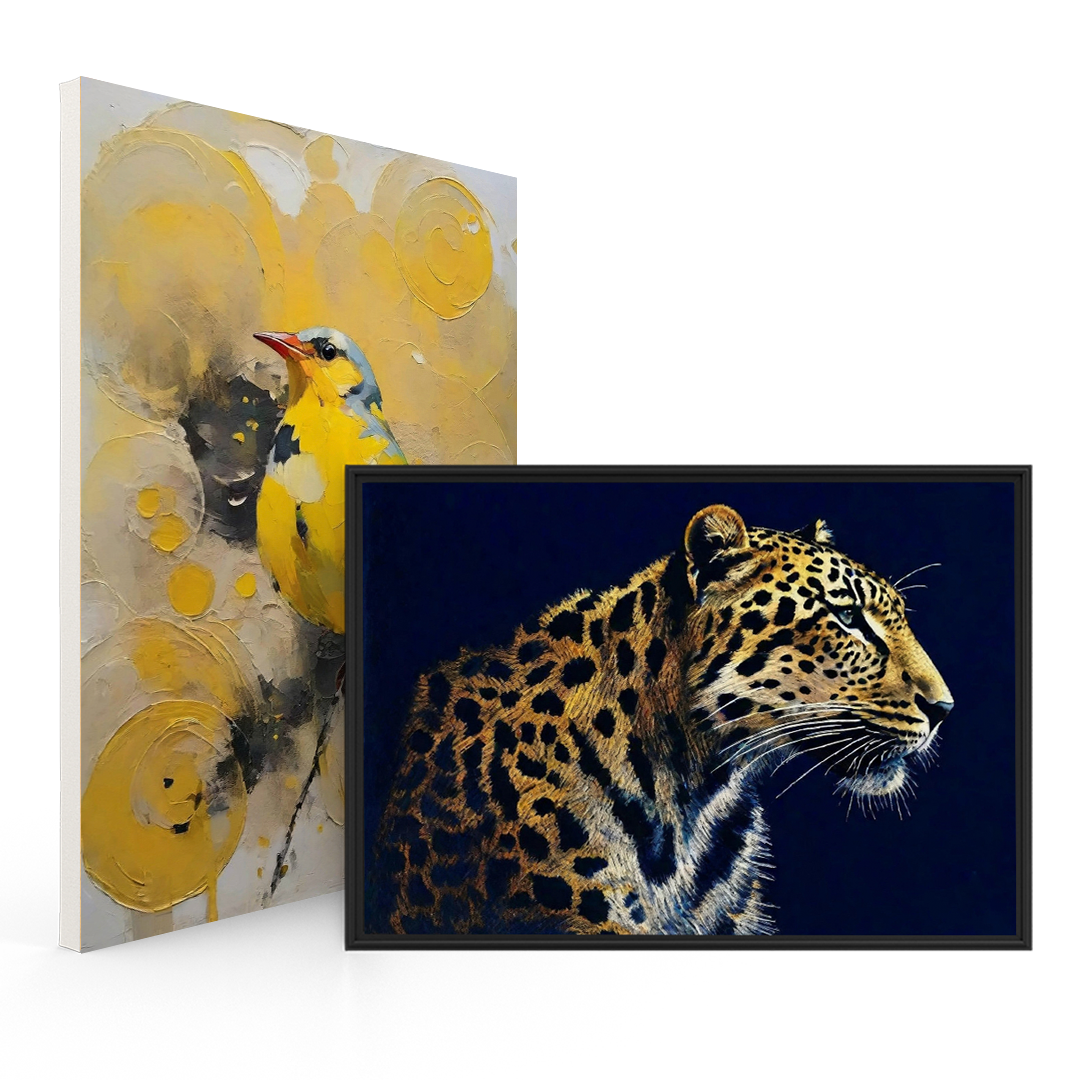 "Art pieces featuring a yellow bird on a textured background and a detailed portrait of a leopard against a dark background, both displayed in black frames.